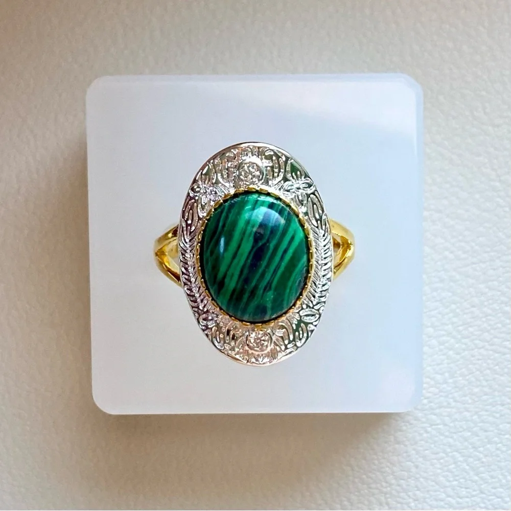 Gold Tone Ring with Green Malachite Stone